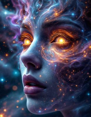 The primary subject of the image is a woman with glowing eyes, which are the most prominent feature. She is surrounded by a vibrant and colorful background, which includes a purple and blue hue. The visual style of the image is digital art, as it appears to be a painting or drawing with a digital touch. The colors and mood of the image are lively and energetic, with the woman's glowing eyes adding a sense of mystery and intrigue to the scene.